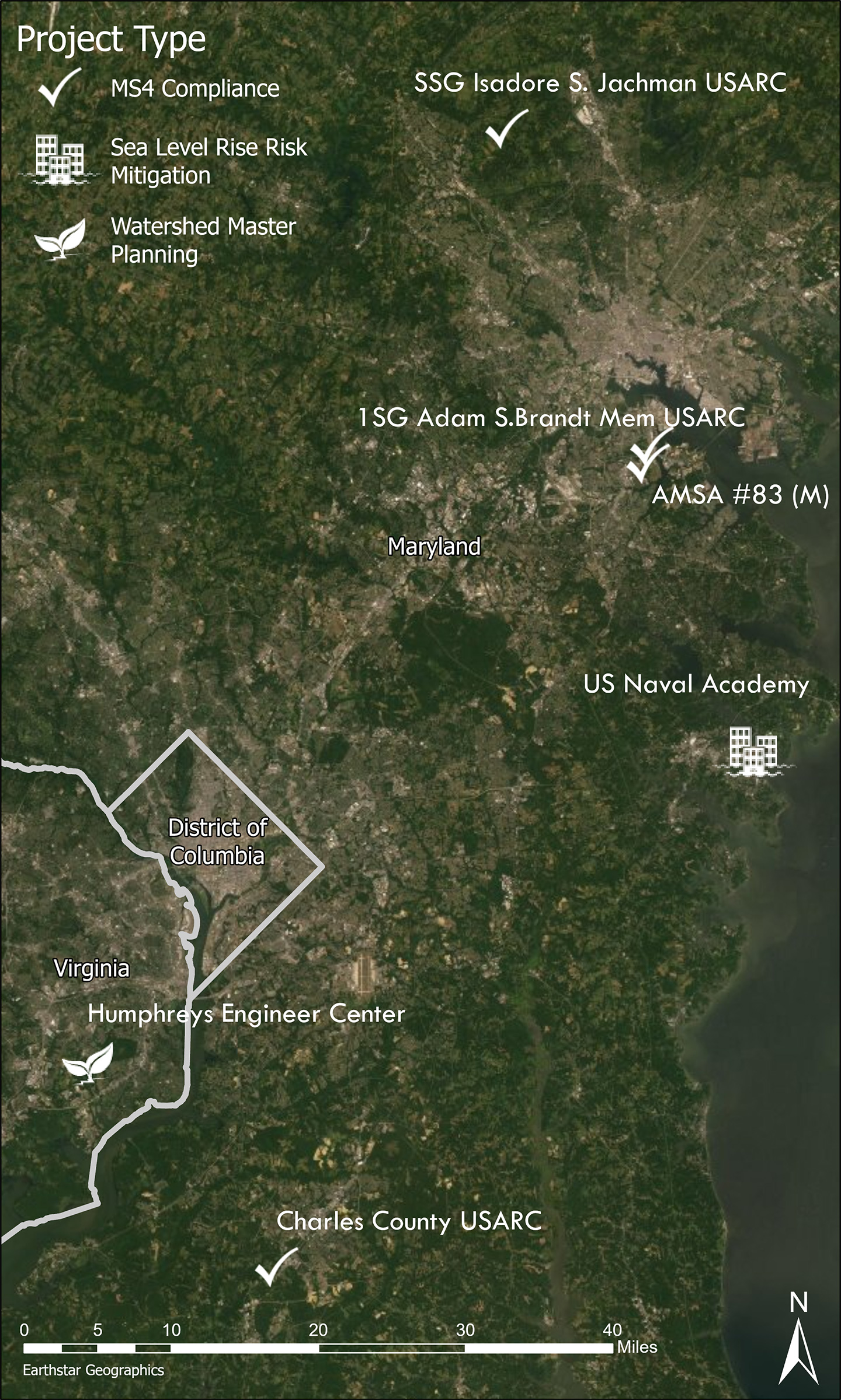 We are currently working on several DoD sites throughout the Virginia and Maryland to provide MS4 compliance, sea level rise mitigation, and watershed master planning.