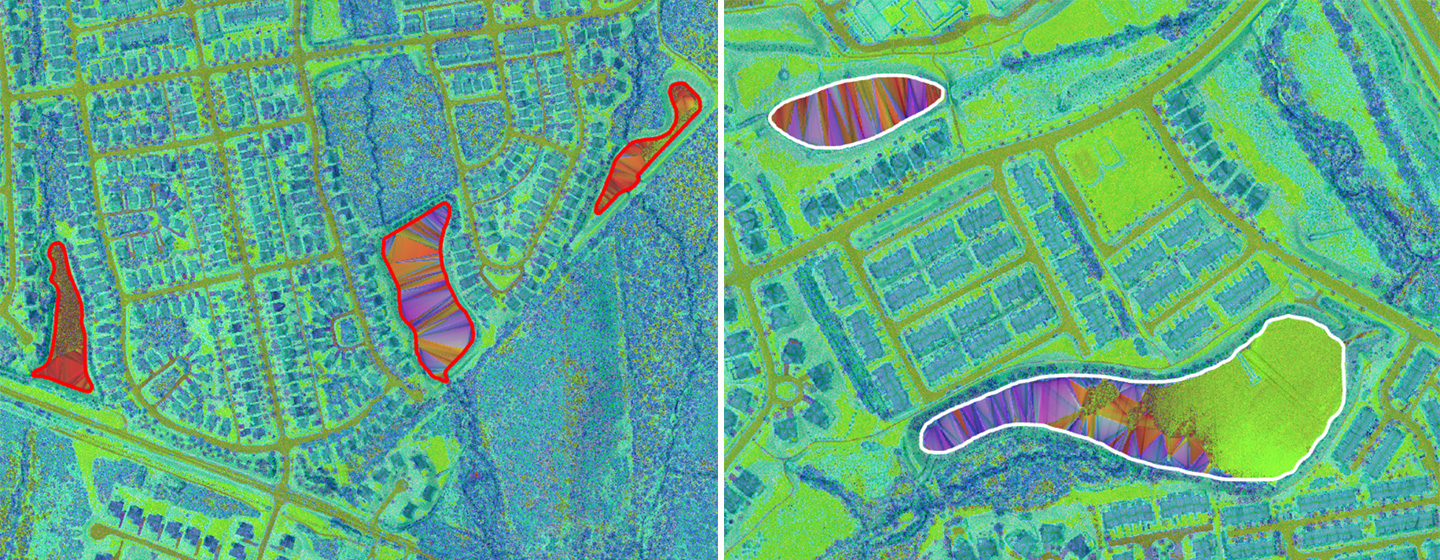 Two scenes in a four-band composite image. The left side exhibits previously collected breaklines that were used to train a model. The model’s predictions are depicted with the white boundary on the right.
