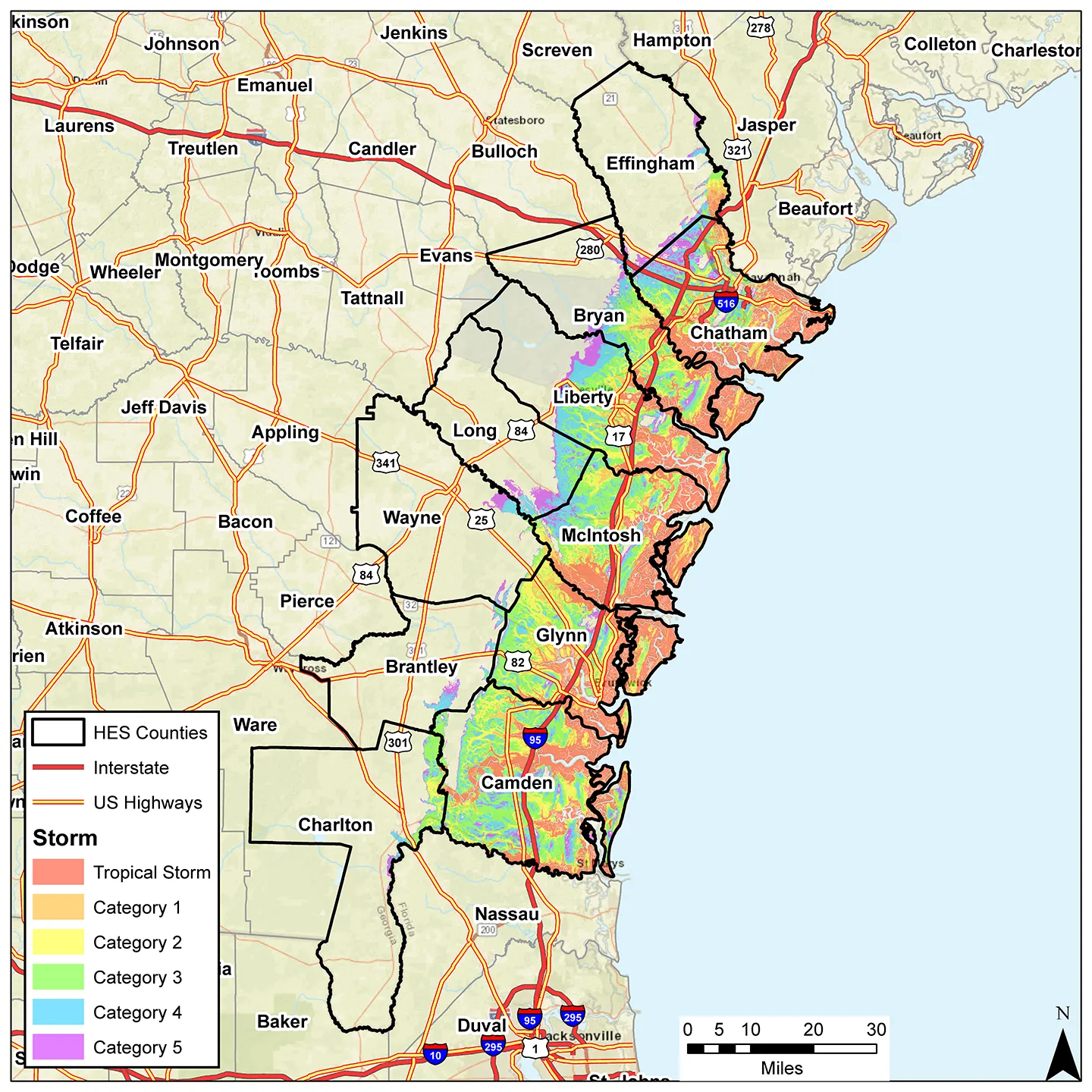 Due to the shape of the coastline and the shallow water depths along the coast, the Georgia coastline has one of the highest potentials for storm surge on the East Coast of the U.S.