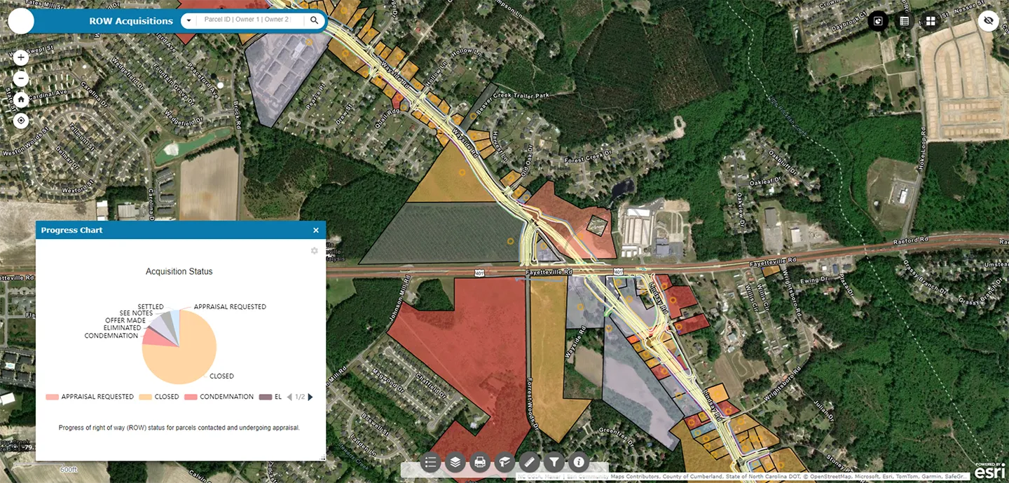 An interactive GIS dashboard brings together parcel ownership, right-of-way acquisition status, environmental constraints, and design alternatives, helping utilities streamline planning, permitting, land acquisition, and construction.