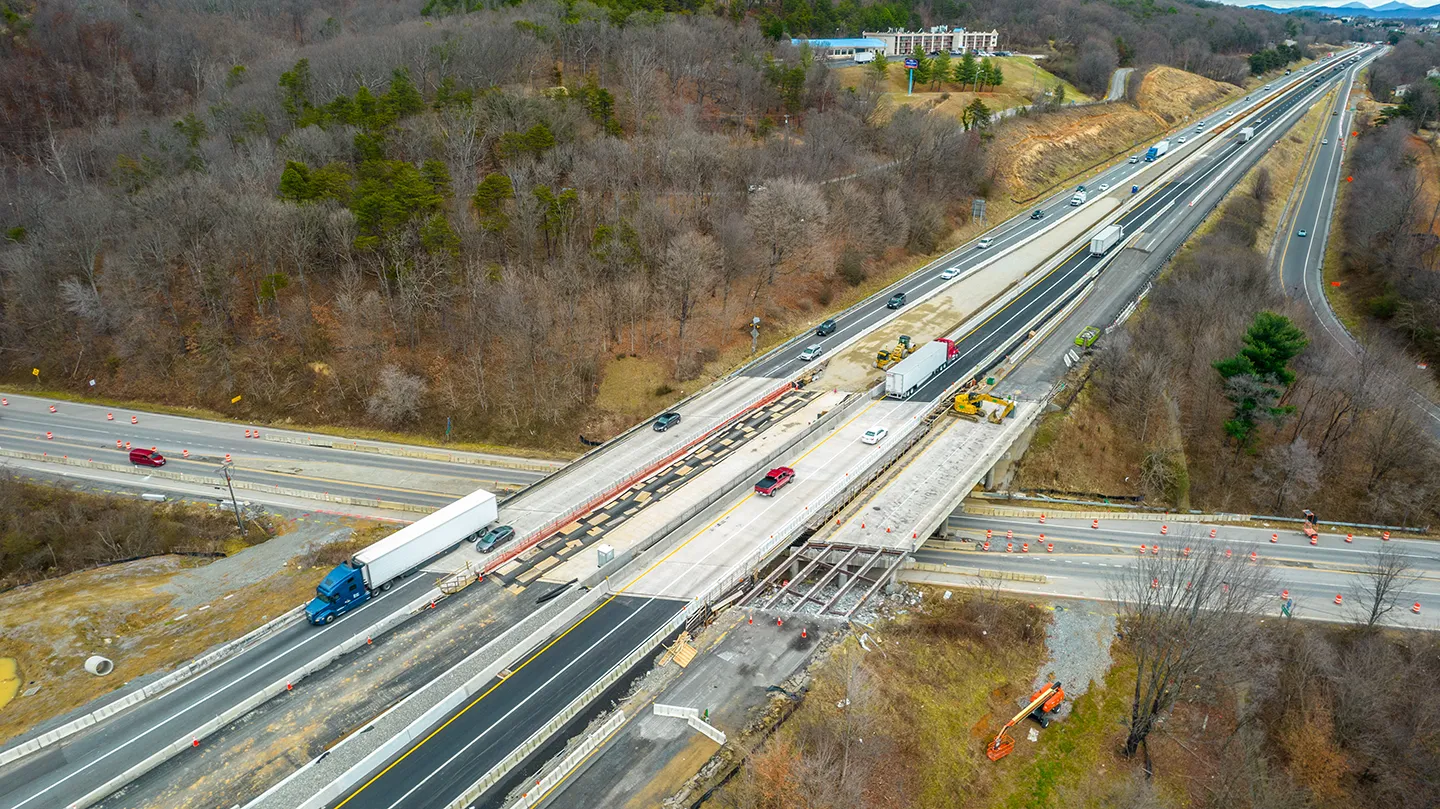 I-81 median widening north of Route 112 with northbound traffic shifted onto the new lanes. Photo courtesy of Archer Western Construction.