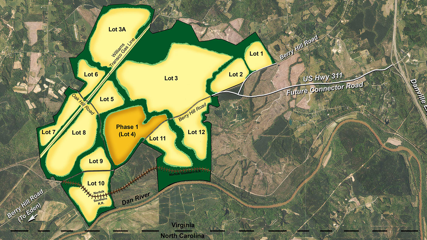 With 12 developable lots, the Southern Virginia Mega Site at Berry Hill will be one of the largest in Virginia. 