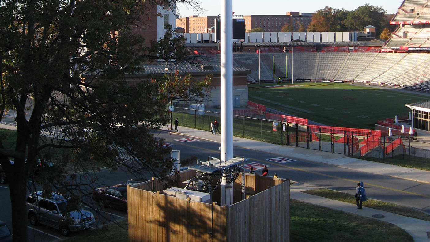 At UMD College Park, we installed a temporary cell site with a 104-foot-tall faux monopole outside the Cole Field house. Our work involved test pits to locate an existing duct bank, utility, and fiber optic cables within 30 feet of the site.