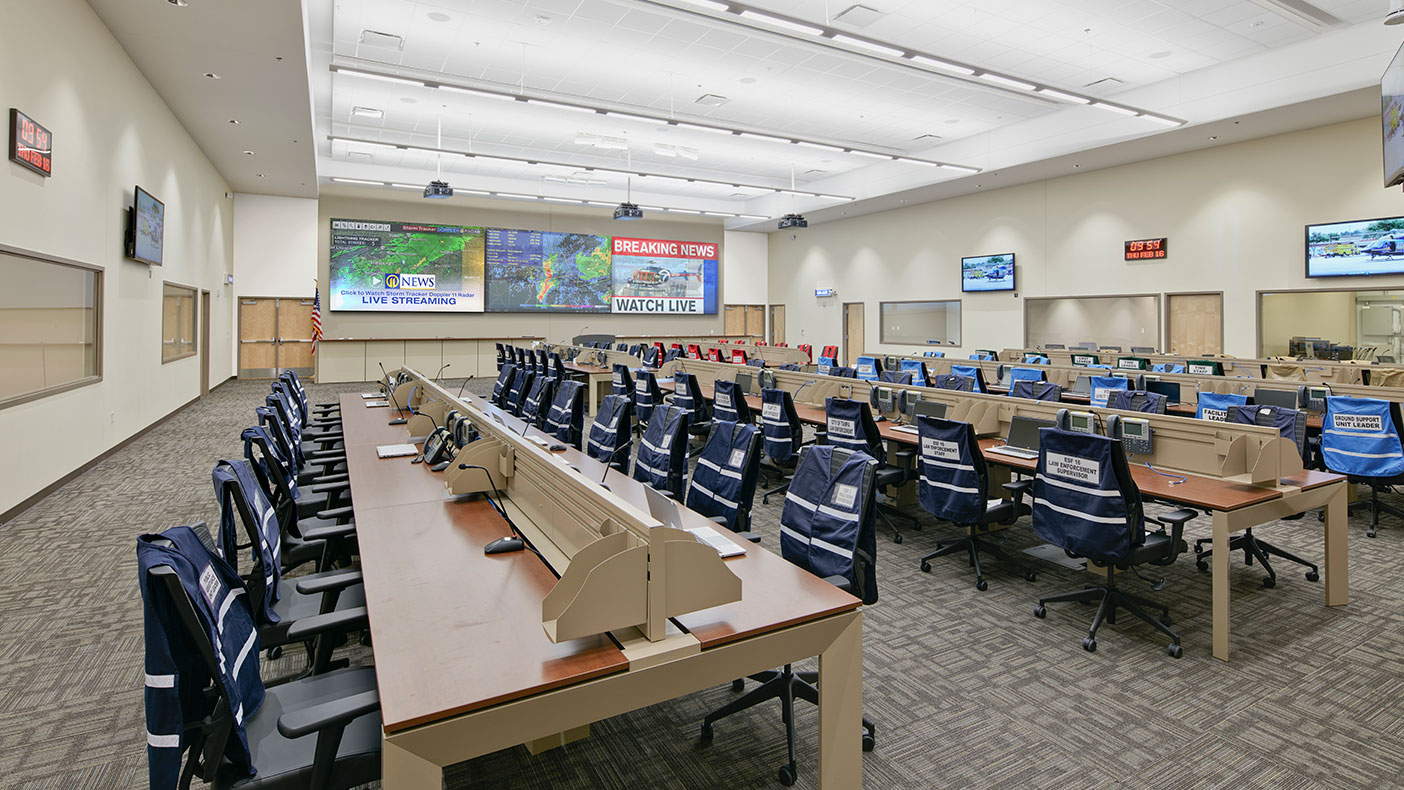 The complex houses an incident command center (shown above), non-emergency call center, radio facility, data center, fire-rescue fleet maintenance, fueling, and warehouse.