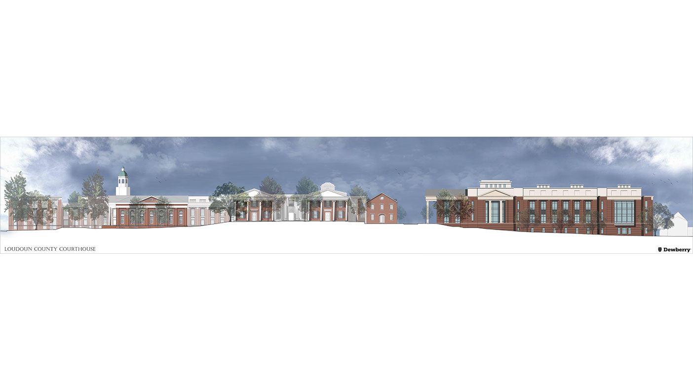 This rendering shows a view from the south exterior of the buildings, including a view of the relative building elevation. 