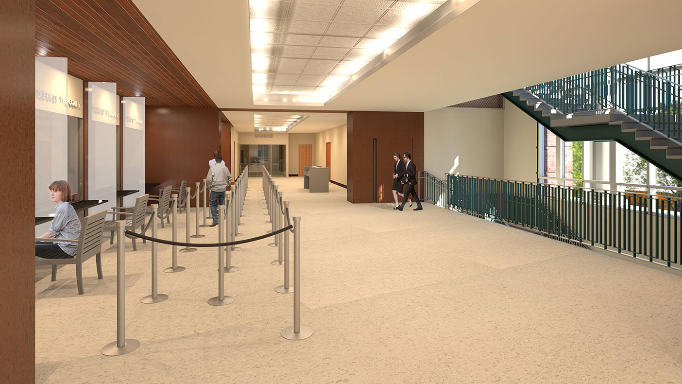 This rendering shows the new courthouse lobby interiors.