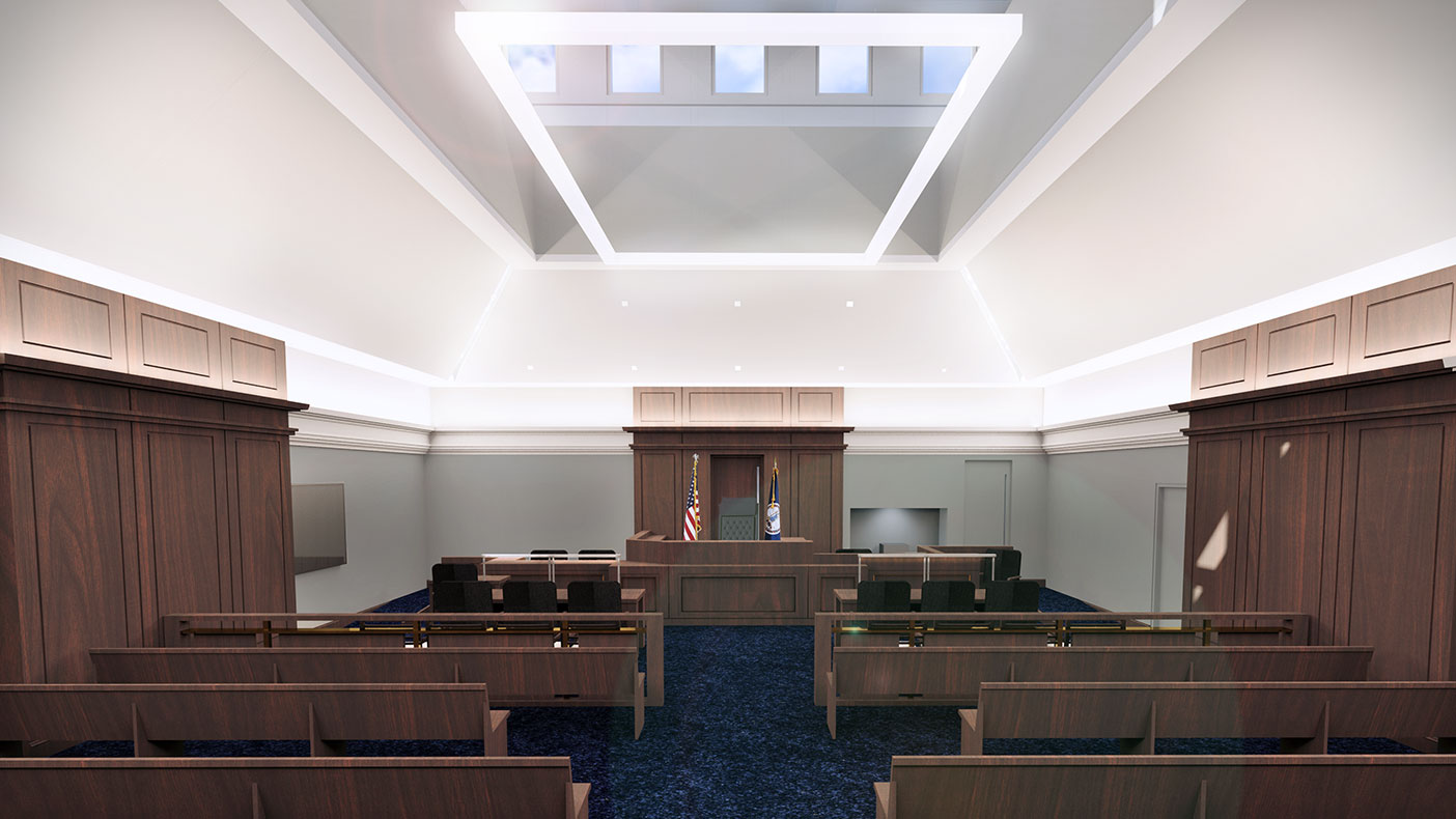 This rendering shows a view of the courtroom interior.
