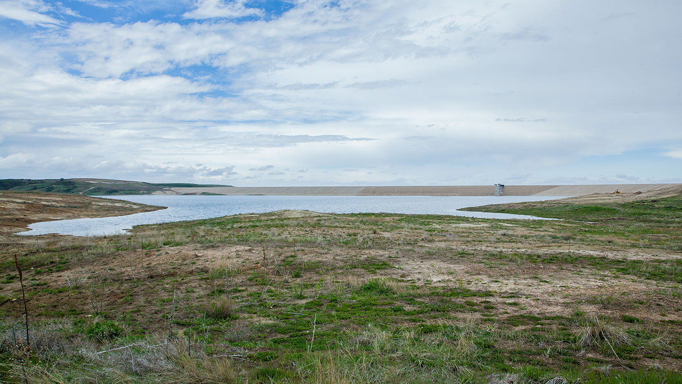 The primary source of raw water comes from the nearby Rueter-Hess Reservoir, which can store 75,000 acre feet of water. The amount of water stored in the photo above is 16,300 acre feet.