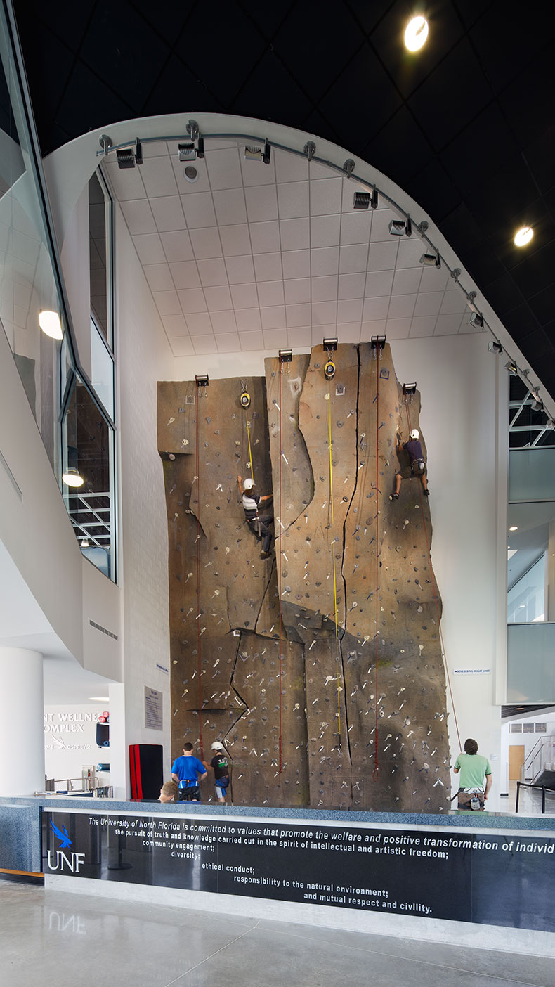 The facility offers a 32-foot climbing wall, known as the Osprey Cliff, that features the university's mission etched onto the glass that surrounds it.