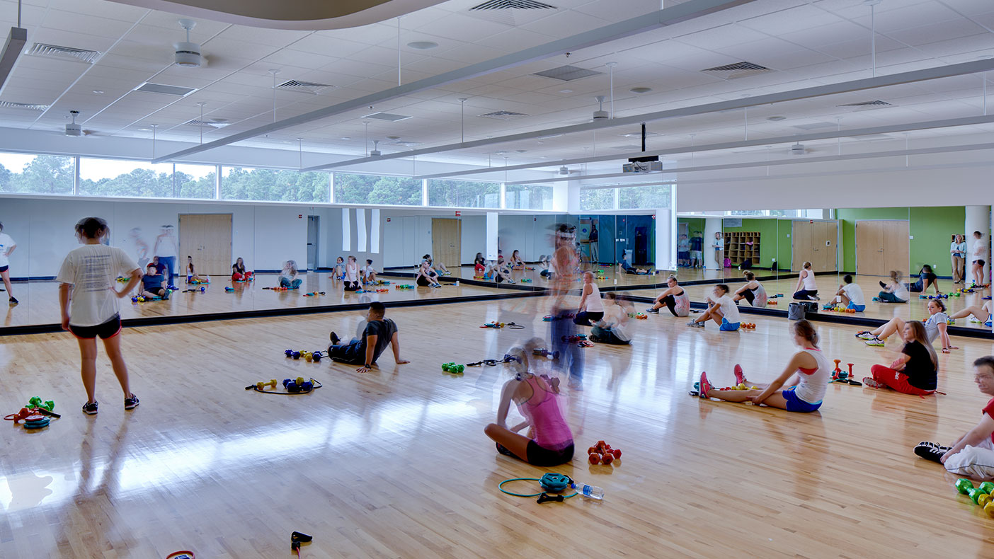 The three indoor group fitness rooms incorporate numerous windows that take advantage of Florida's bright natural light.