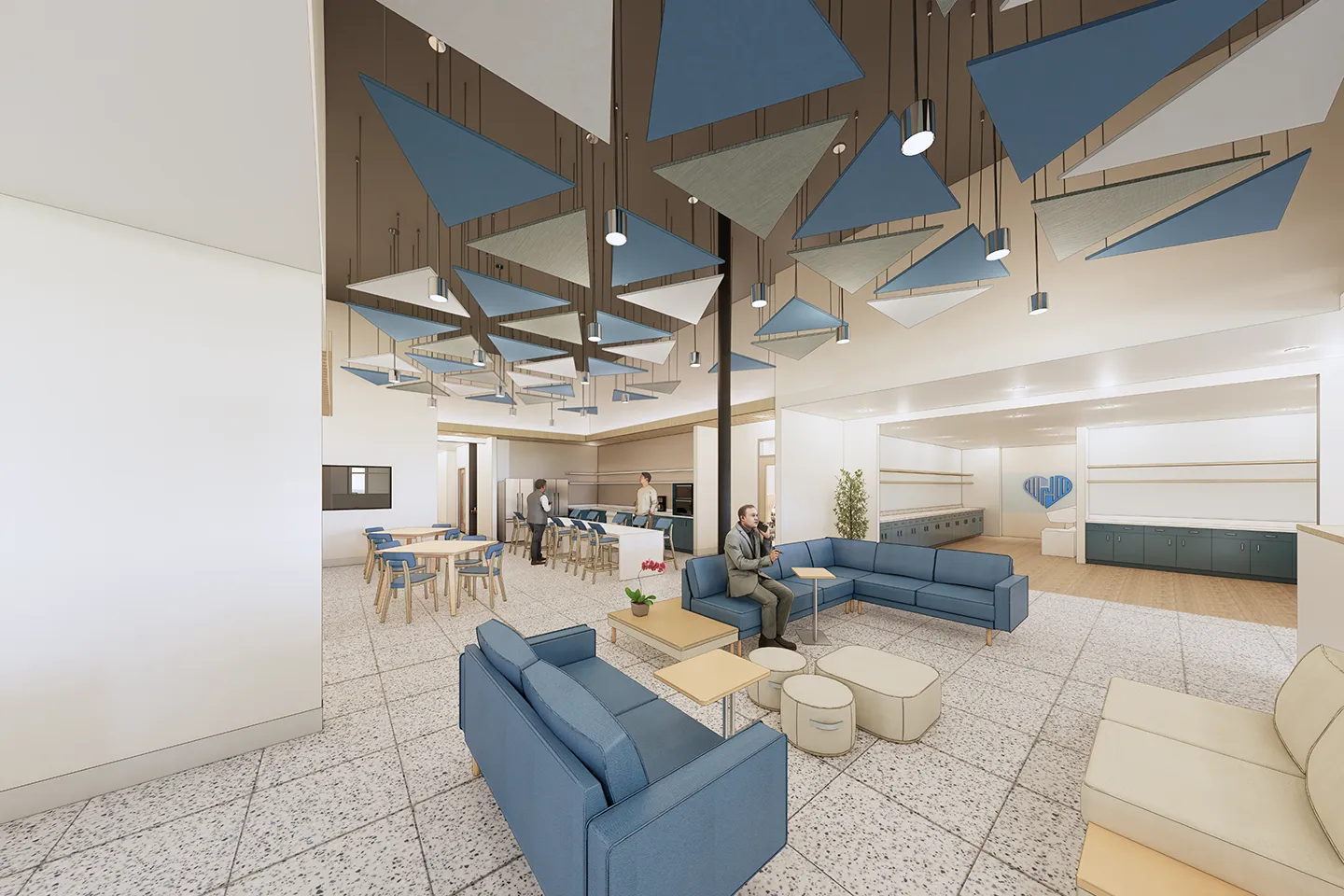 The facility’s amenities, like the breakroom shown above, foster connectivity amongst the many user populations.