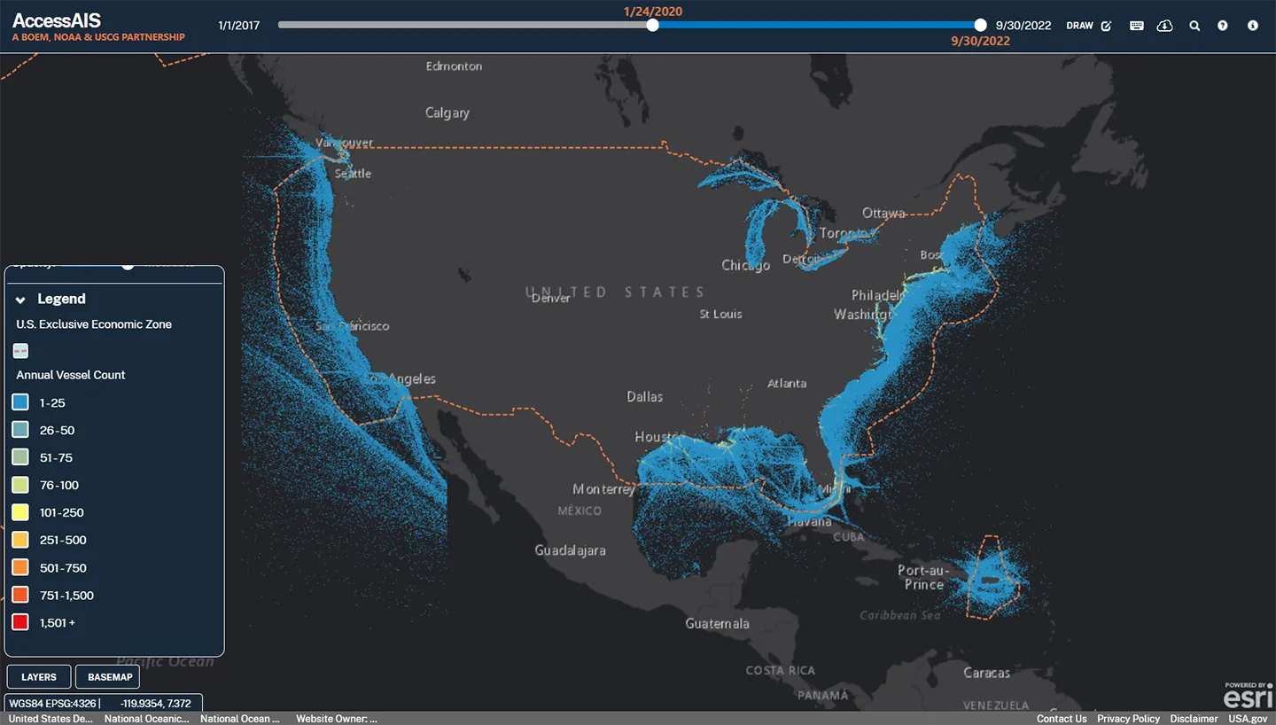 For the Marine Cadastre project, we helped NOAA develop new nationwide datasets for wastewater outfalls, wave climatology, artificial reefs, pipelines, and oil and gas wells and platforms.