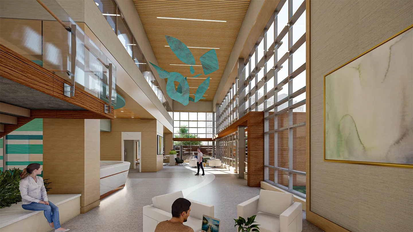 With normative features and natural details the crisis center public lobby is designed to create warm and welcoming spaces for patients and visitors and reduce stigma surrounding mental health.