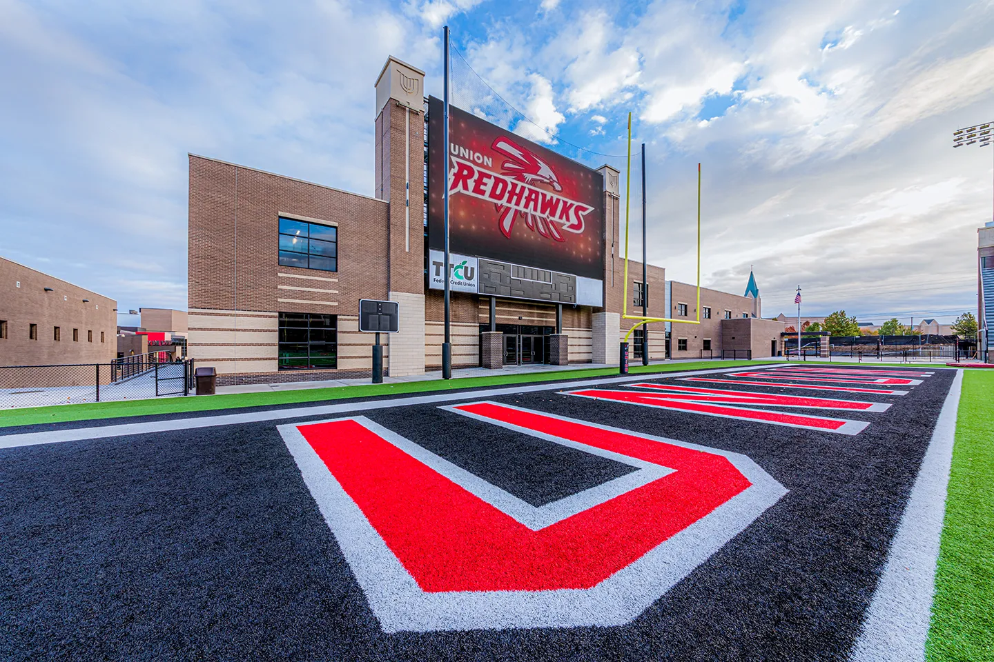 A new building to house the award-winning music and marching band programs was built at the north end of the field, which provides the visual effect of enclosing the stadium bowl and serves as the backdrop for the new jumbo HD screen.